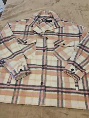 Zara Plaid Shacket in Cream, Pink & Gray